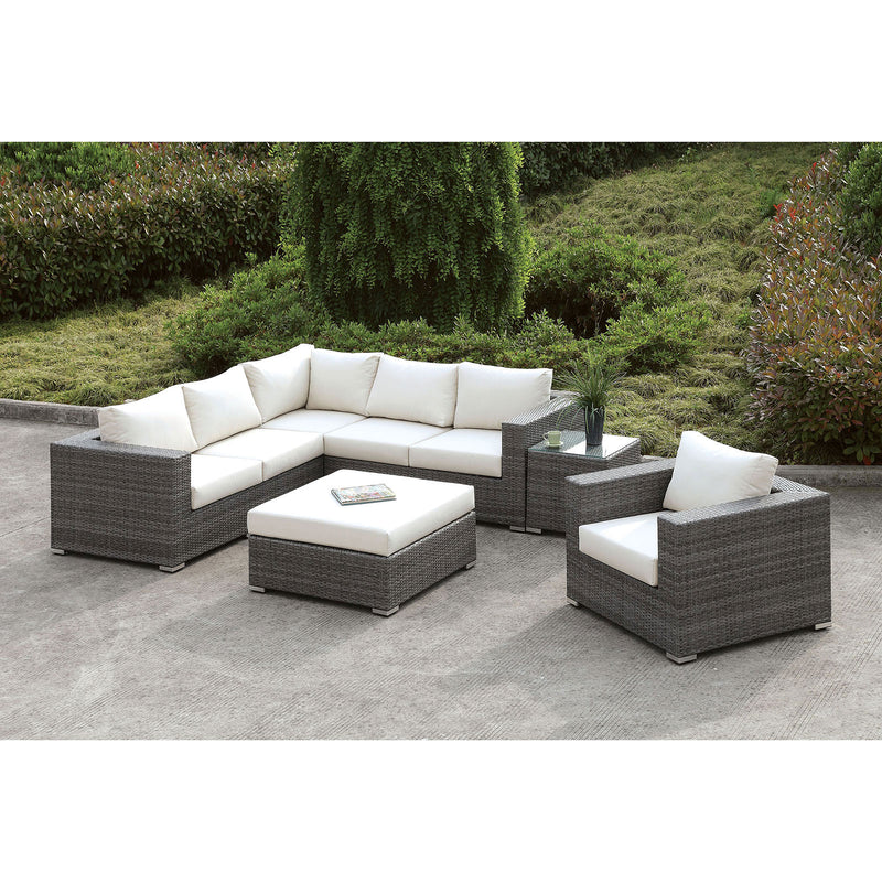 Somani Light Gray Wicker/Ivory Cushion L-Sectional + Chair + Coffee Table + End Table - Star USA Furniture Inc