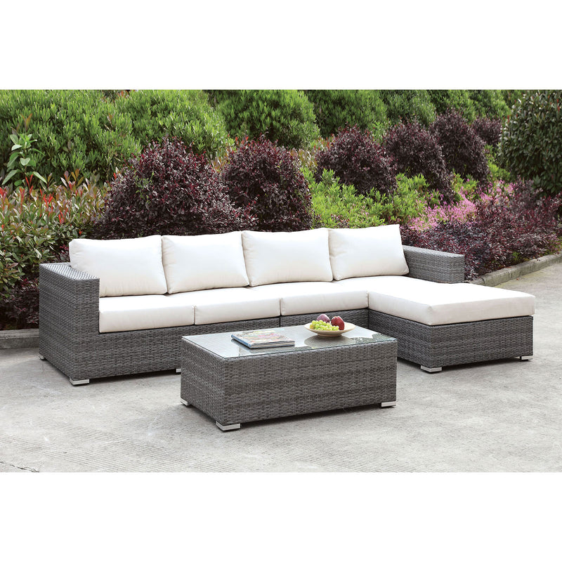 Somani Light Gray Wicker/Ivory Cushion L-Sectional w/ Right Chaise + Coffee Table - Star USA Furniture Inc