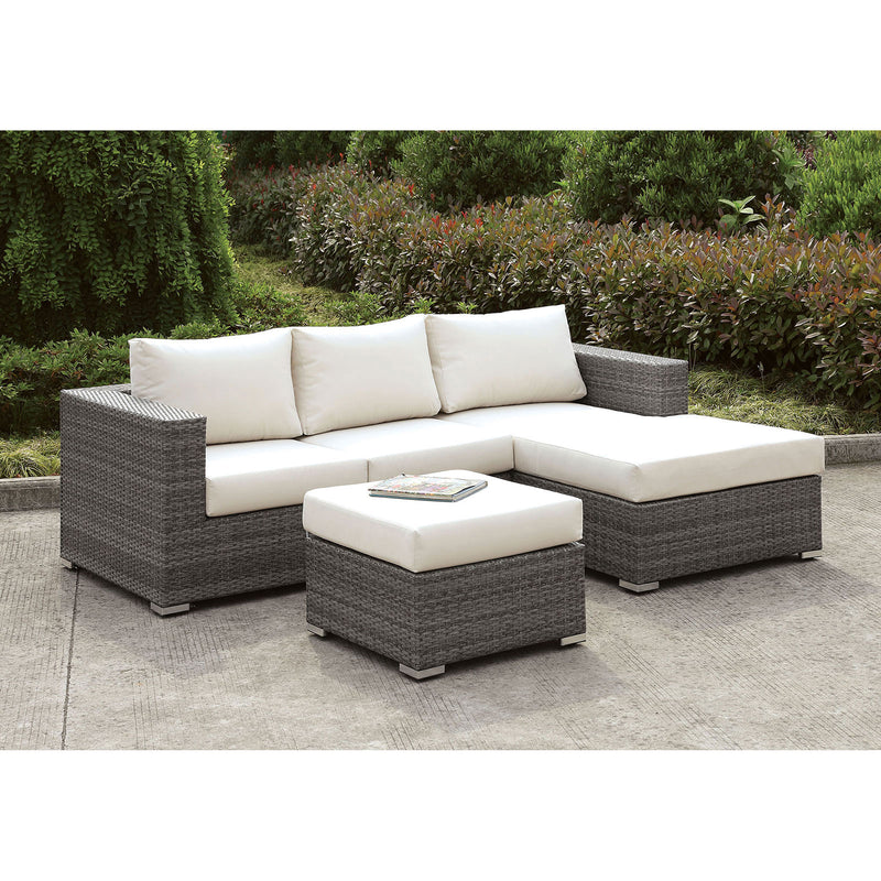 Somani Light Gray Wicker/Ivory Cushion Small L-Sectional w/ Right Chaise + Ottoman