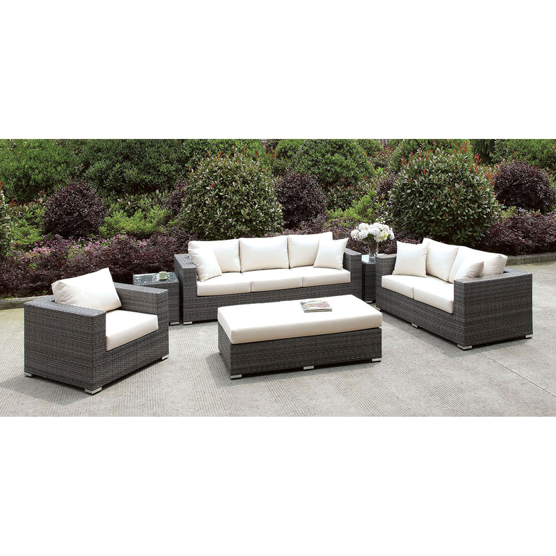 Somani Light Gray Wicker/Ivory Cushion 3 Pc Set + Bench + 2 End Tables - Star USA Furniture Inc