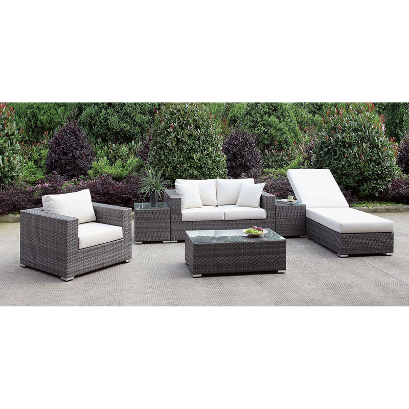 Somani Light Gray Wicker/Ivory Cushion Love Seat+chair+adj Chaise+2 End Tables+coffee Table