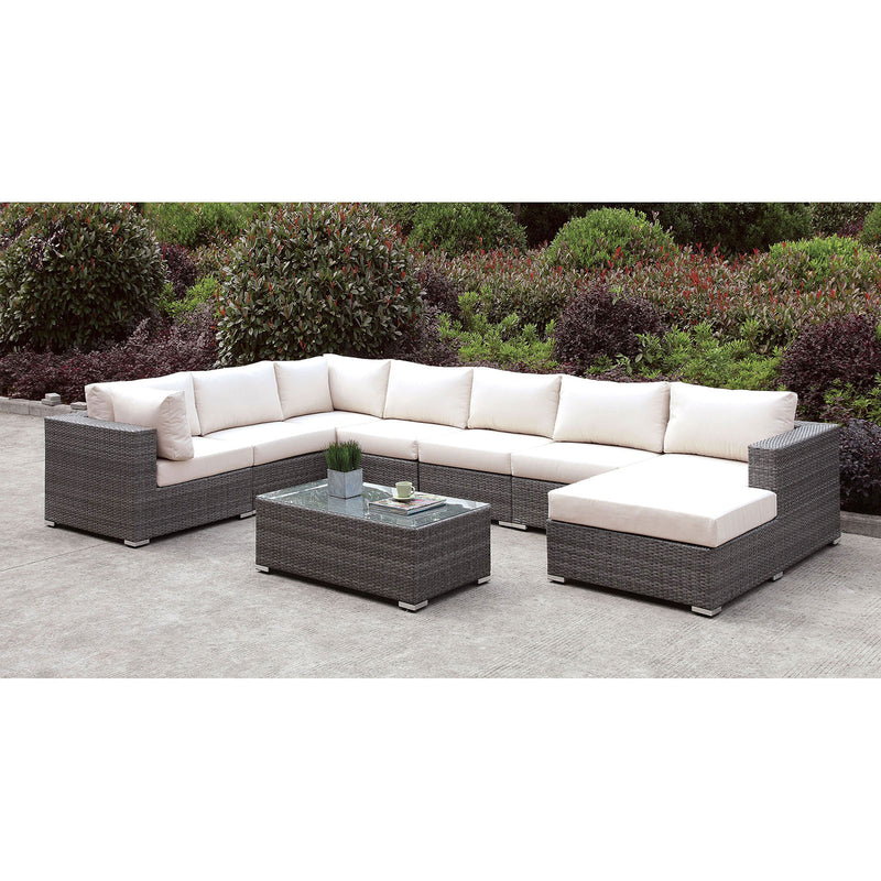 Somani Light Gray Wicker/Ivory Cushion U-Sectional + Coffee Table - Star USA Furniture Inc