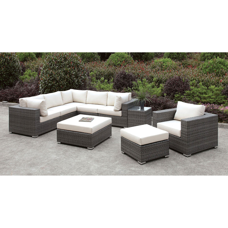 Somani Light Gray Wicker/Ivory Cushion L-Sectional + Chair + 2 Ottomans - Star USA Furniture Inc