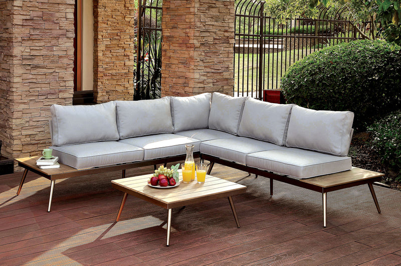 EVITA Light Gray/Oak/Brushed Champagne Patio Sectional w/ Corner Table - Star USA Furniture Inc