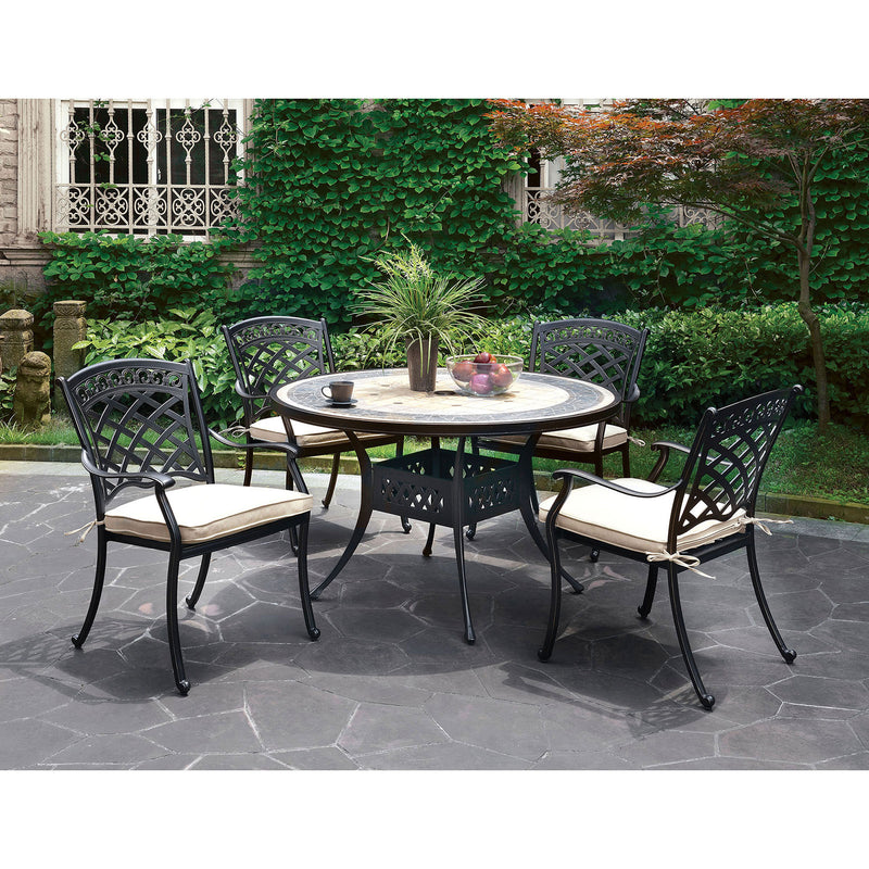 Charissa Antique Black Frame/Beige Cushion Round Table + 4 Arm Chairs - Star USA Furniture Inc