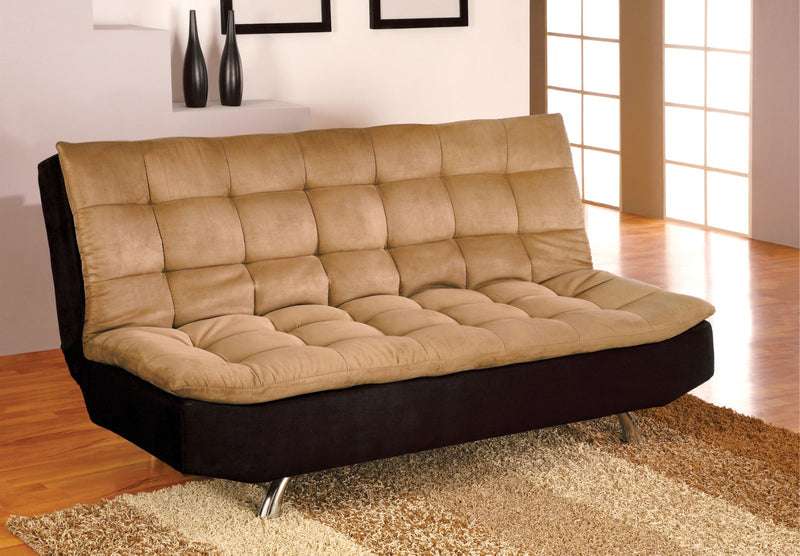 Mancora Tan/Black/Chrome Microfiber Futon Sofa, Camel & Black - Star USA Furniture Inc