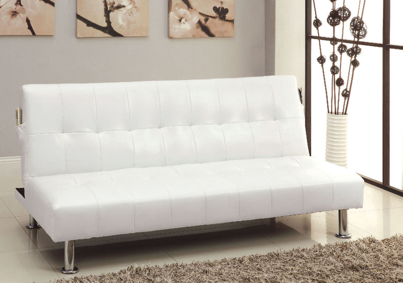Bulle White/Chrome Leatherette Futon Sofa, White