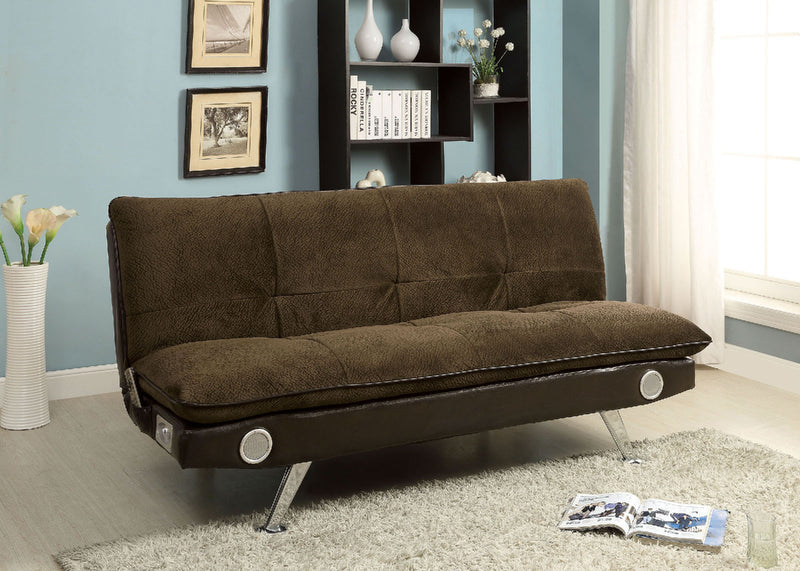 GALLAGHER Dark Brown/Chrome Futon Sofa w/ Bluetooth Speaker, Brown - Star USA Furniture Inc