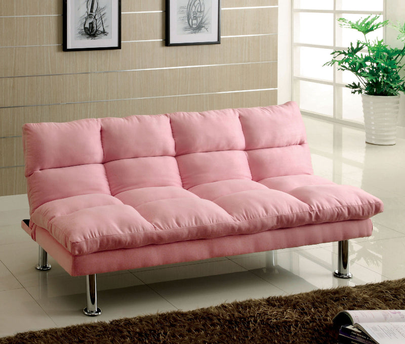 Saratoga Pink/Chrome Microfiber Futon Sofa, Pink
