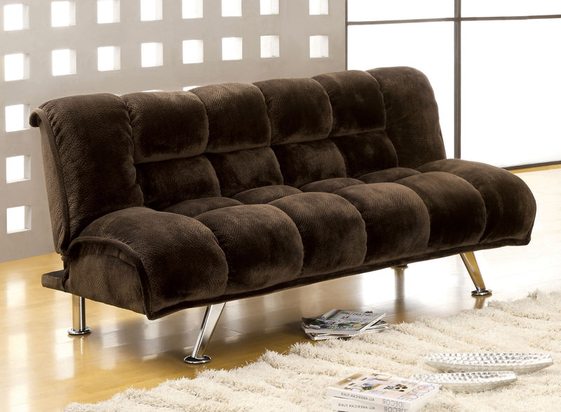 Marbelle Dark Brown/Chrome Champion Fabric Futon Sofa, Dark Brown