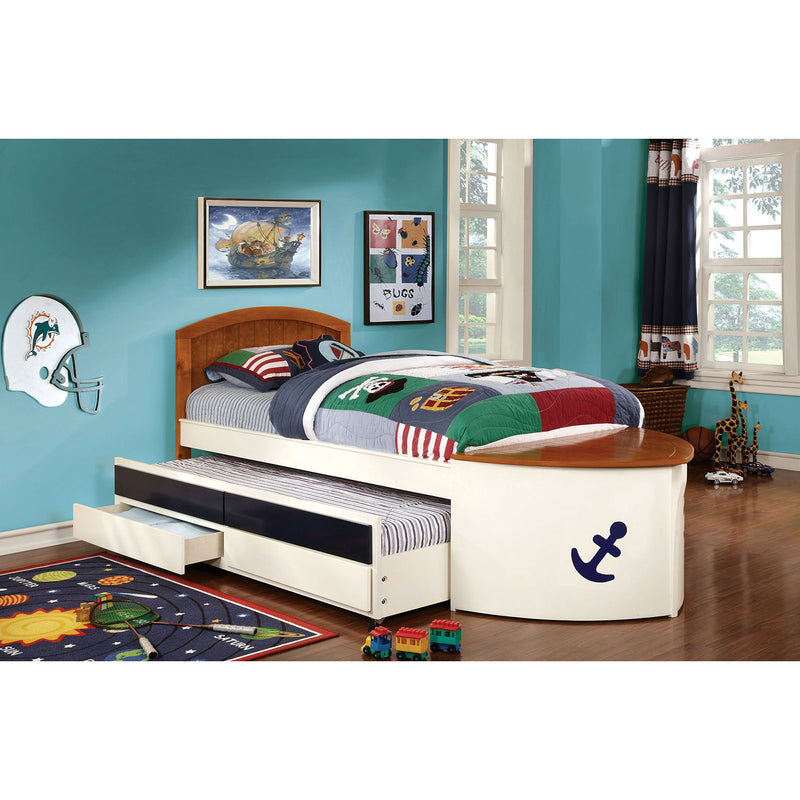 Voyager White/Oak/Navy Blue Twin Bed w/ Trundle + Drawers
