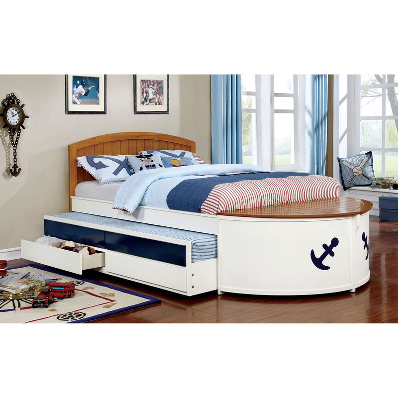 VOYAGER White/Oak/Navy Blue Full Bed w/ Trundle + Drawers